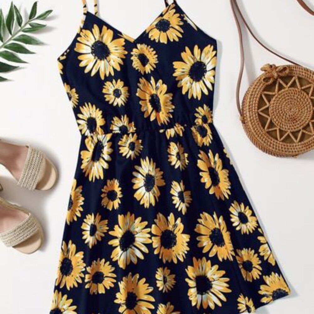 SHEIN strappy with ruffle Sunflower Dress - Navy and Yellow Size L EUC
